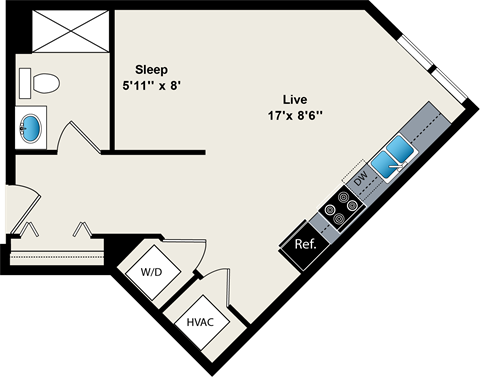 A floor plan of a room with a sleeping area, a living area, a reference wall, a washer and dryer, and a HVAC unit.